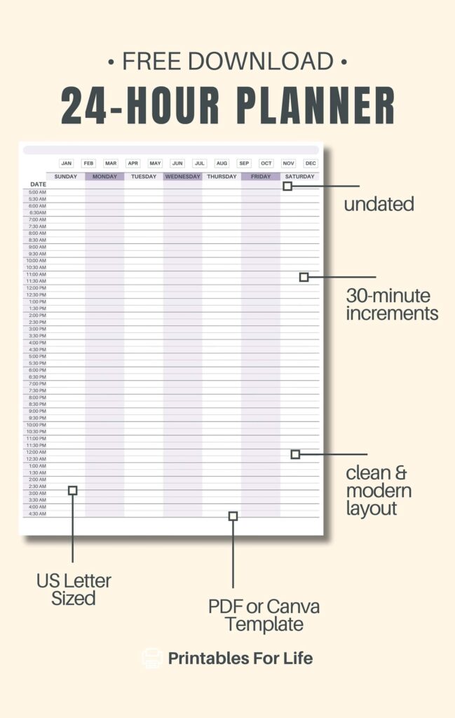 24 Hour Weekly Planner Printableweekly Time Sheet Printable