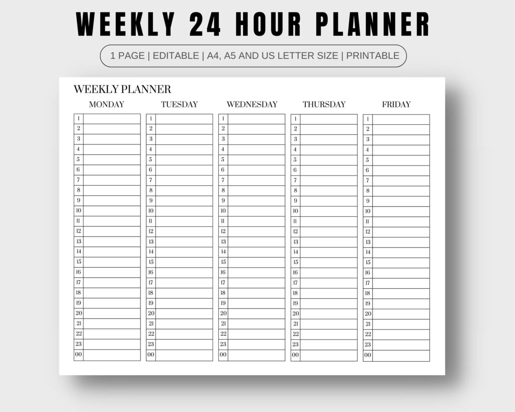 24 Hour Weekly Schedule Printable | Hourly Planner (PDF) - Etsy