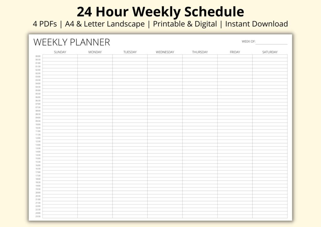 24 Hour Weekly Schedule, Week at a Glance, Weekly Time Blocking Planner ...