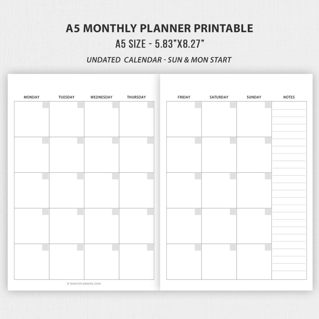 A5 Calendar Printable A5 Calendar Printable