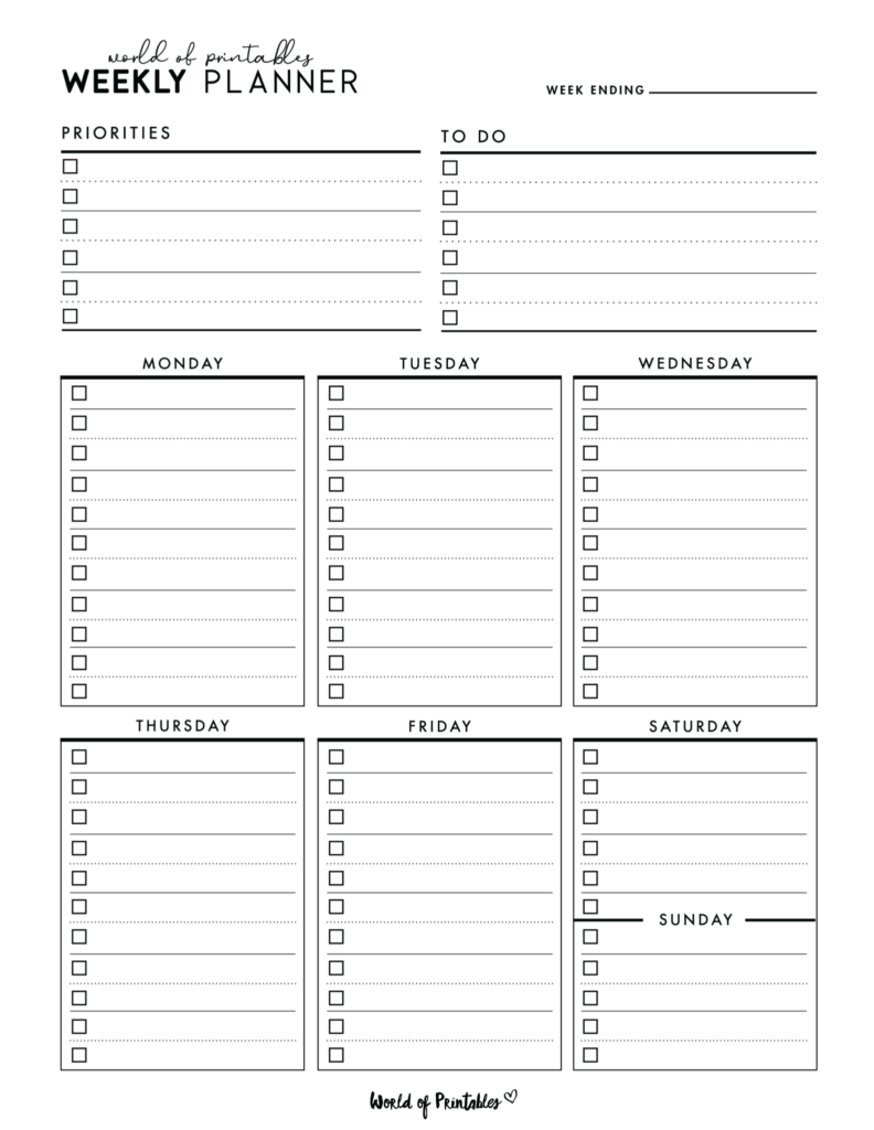 Black And White Planner Printables - Weekly Planner Templates - World of Printables | Free weekly planner ...