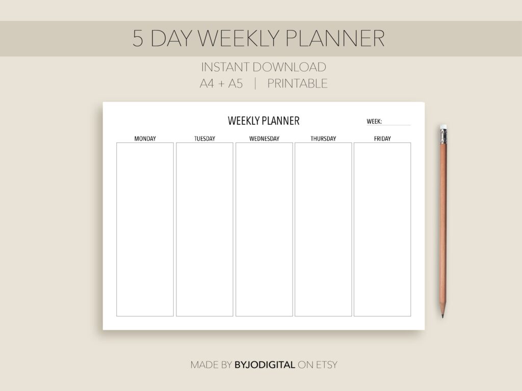 Blank Minimalistic 5 Day Printable Weekly Planner I Instant Download ...