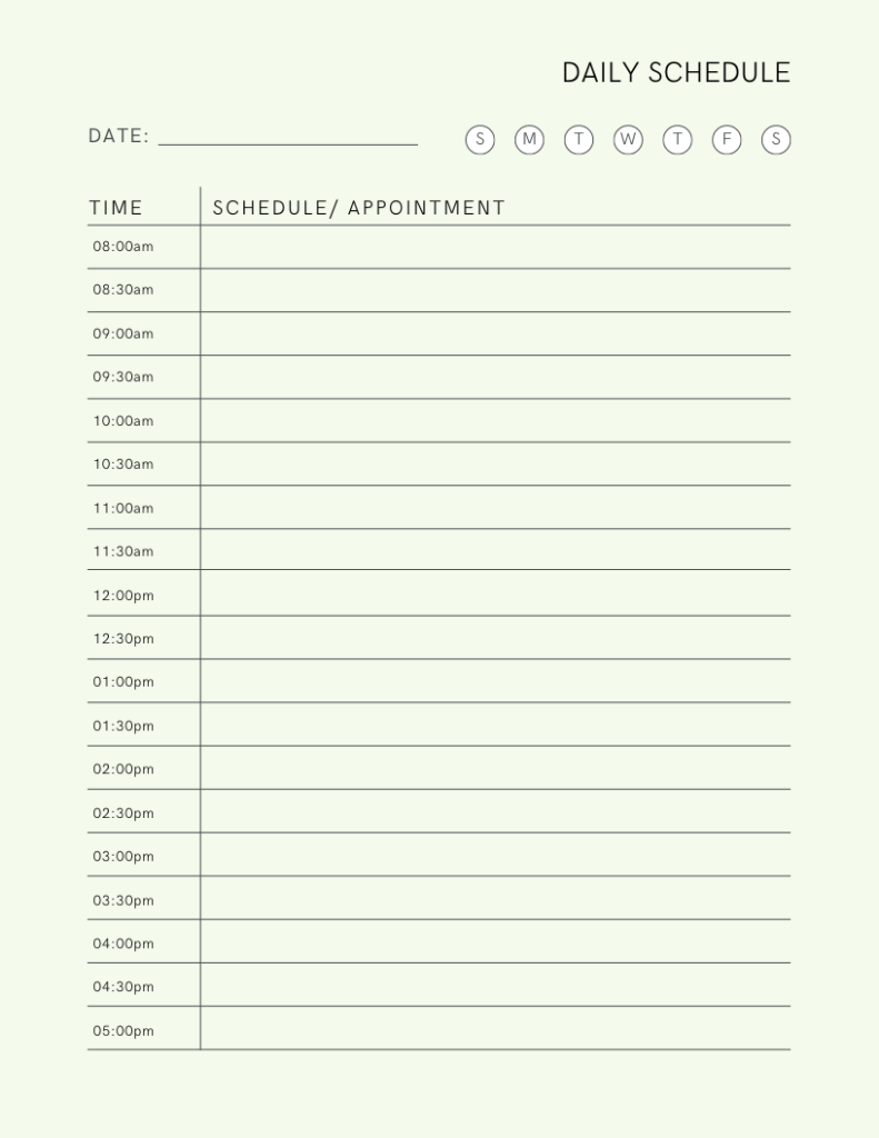 Daily Planner with 30 Minute Intervals Daily Planner with 30 Minute Intervals