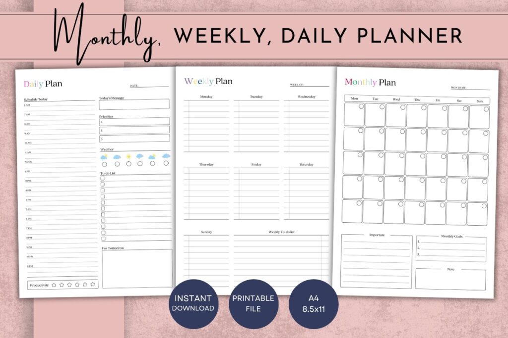 Daily Weekly Monthly Planner Printable - Printable Daily, Weekly, Monthly Planner Graphic by Printable Designs ...