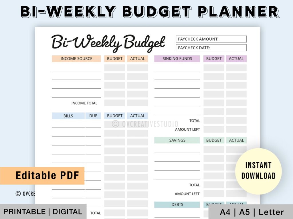 Editable Bi-weekly Budget Planner Printable, Digital Personal ...