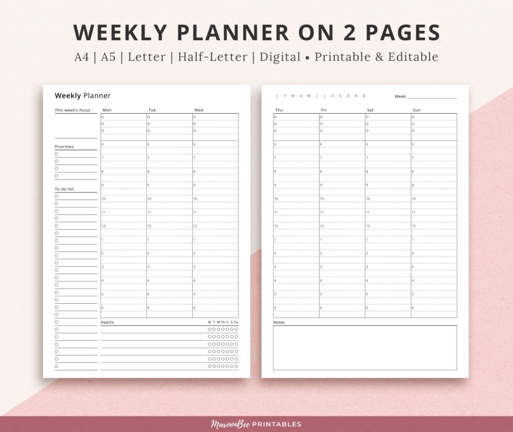 Editable Weekly Planner on 2 Pages, Wo2p, Fillable Weekly Printable ...