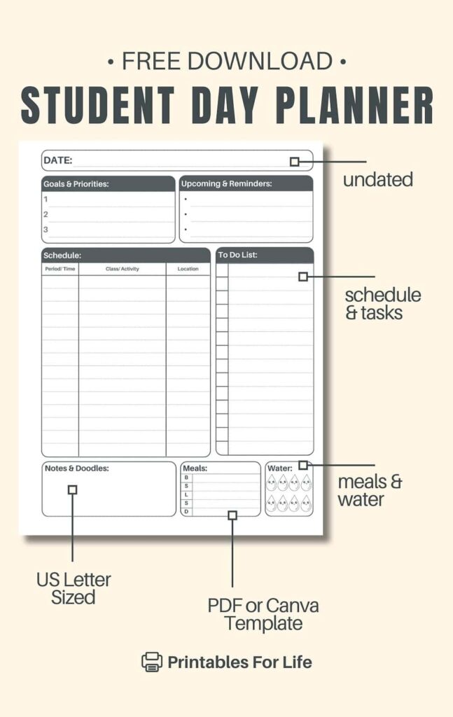 Free Printable Daily Planner For Students - Daily Student Planner Free Printable PDF