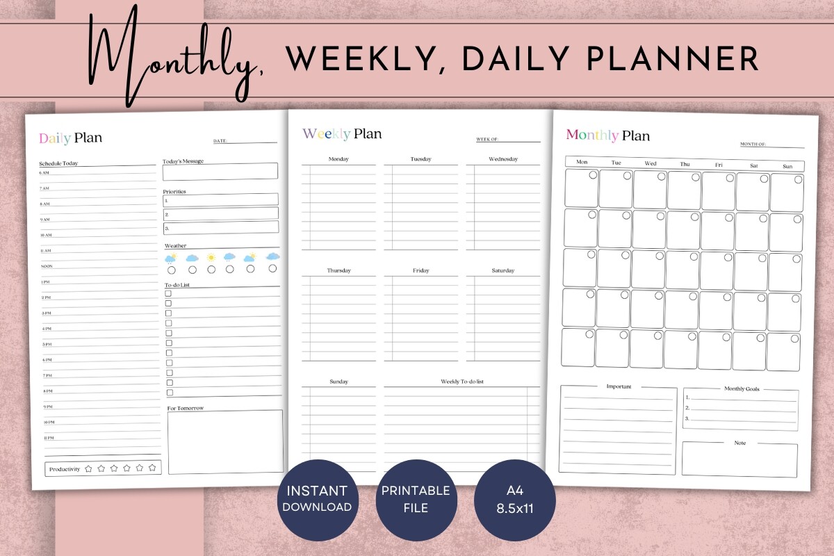 Free Printable Daily Weekly Monthly Planner - Printable Daily, Weekly, Monthly Planner Graphic by Printable Designs ...