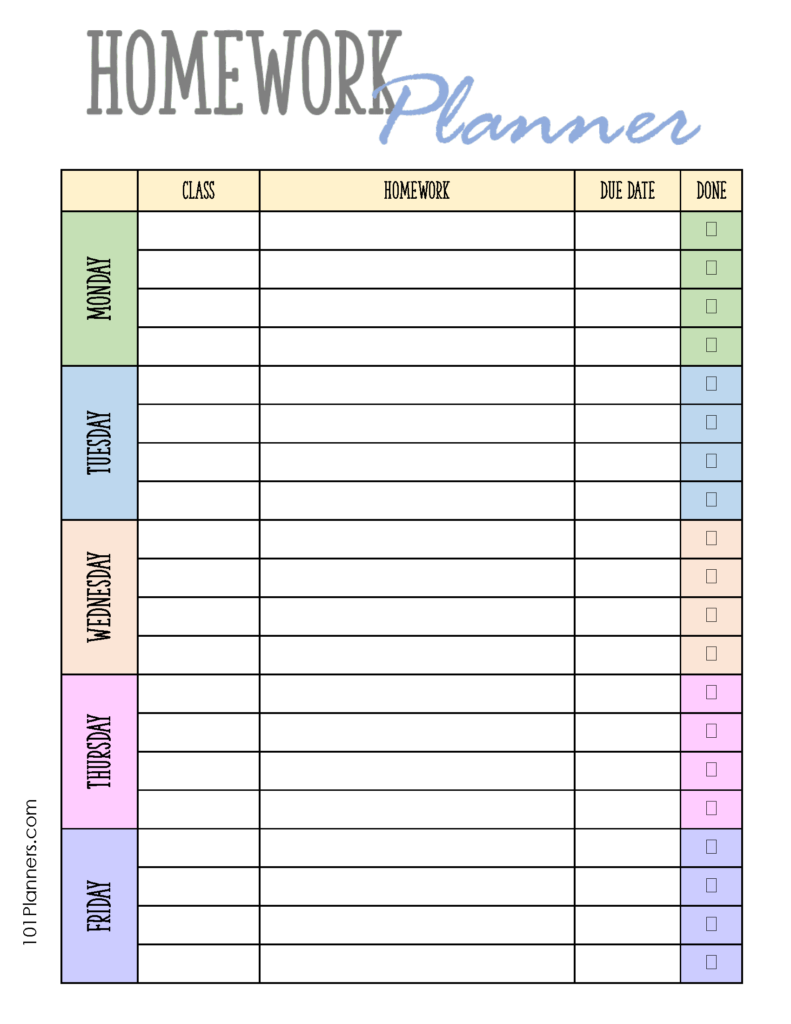 Free Printable Weekly Homework Planner - FREE Printable Homework Planner Template | PDF, Word, Excel or Jpg ...
