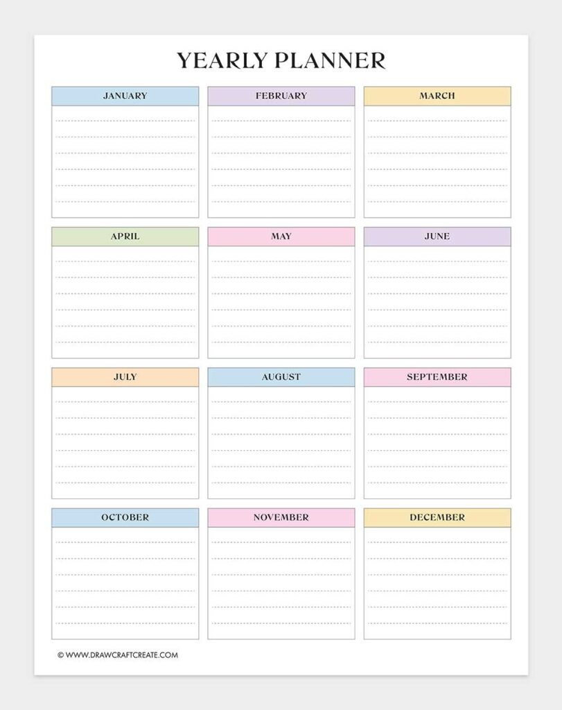 Free Printable Yearly Planner Templates (20 Design) - Draw Craft Create