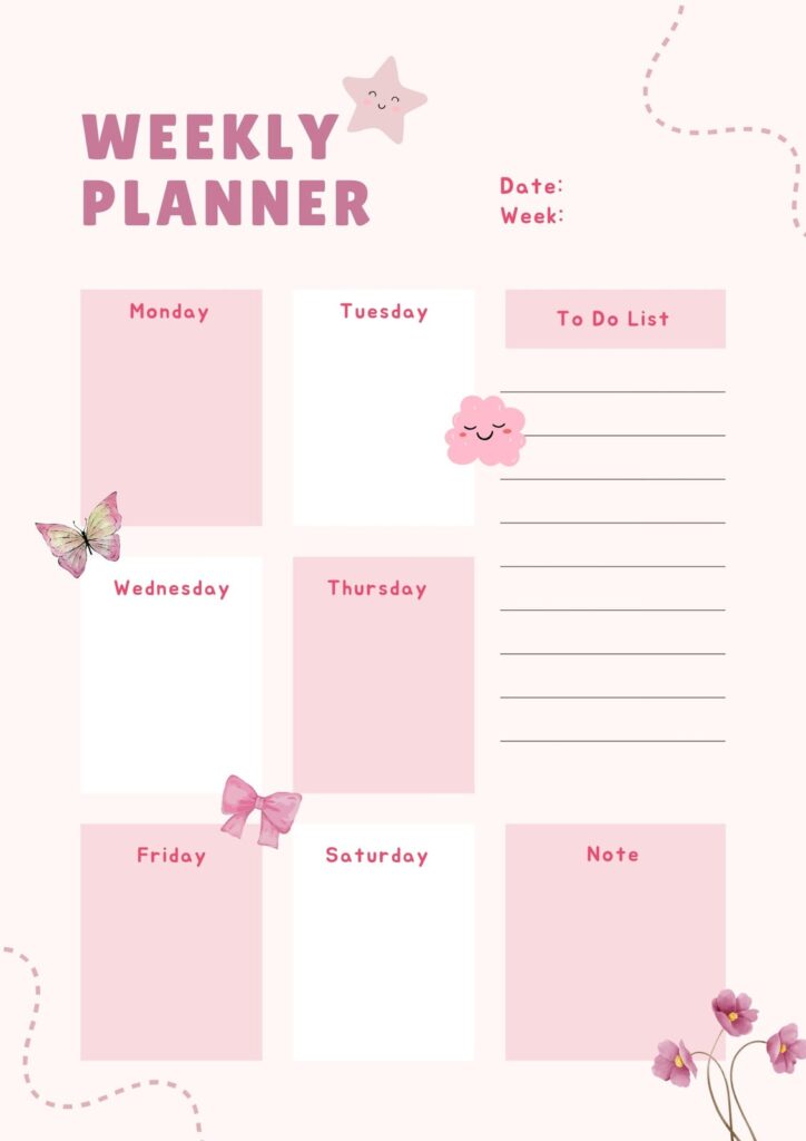 Pink Weekly Planner Template Weekly Planner In Pink Colour Vector