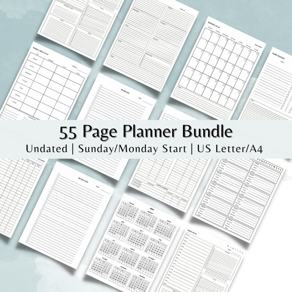 Planner Bundle Printable, 55 Pages, Undated, Sunday, Monday Start ...