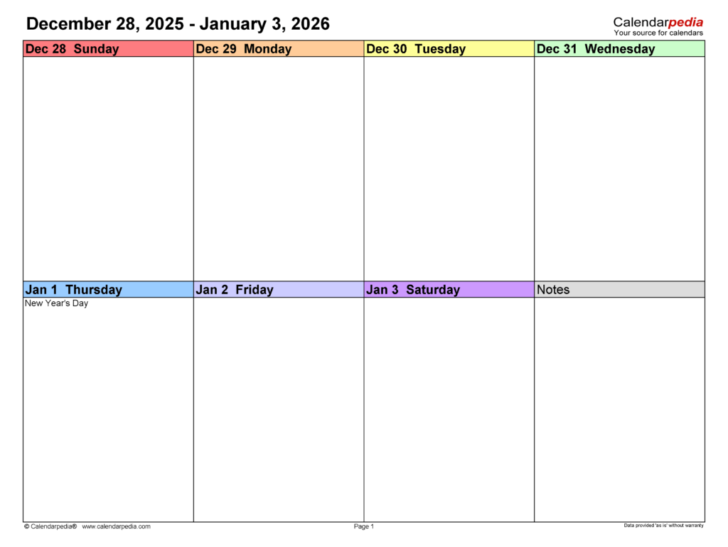 Weekly Calendar 2026 in PDF Format: 12 Free Templates