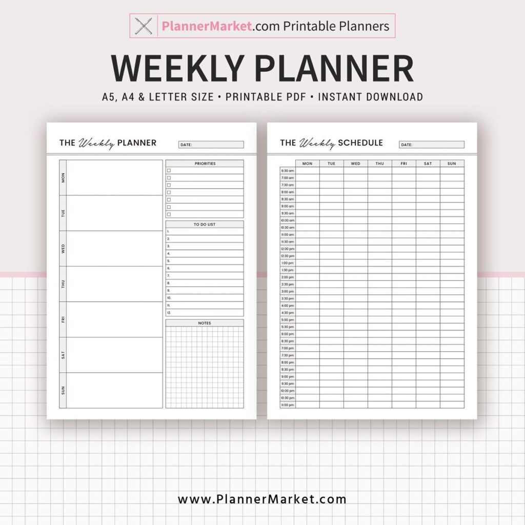 Weekly Planner, Weekly Schedule, A5, A4, Letter Size, Printable ...